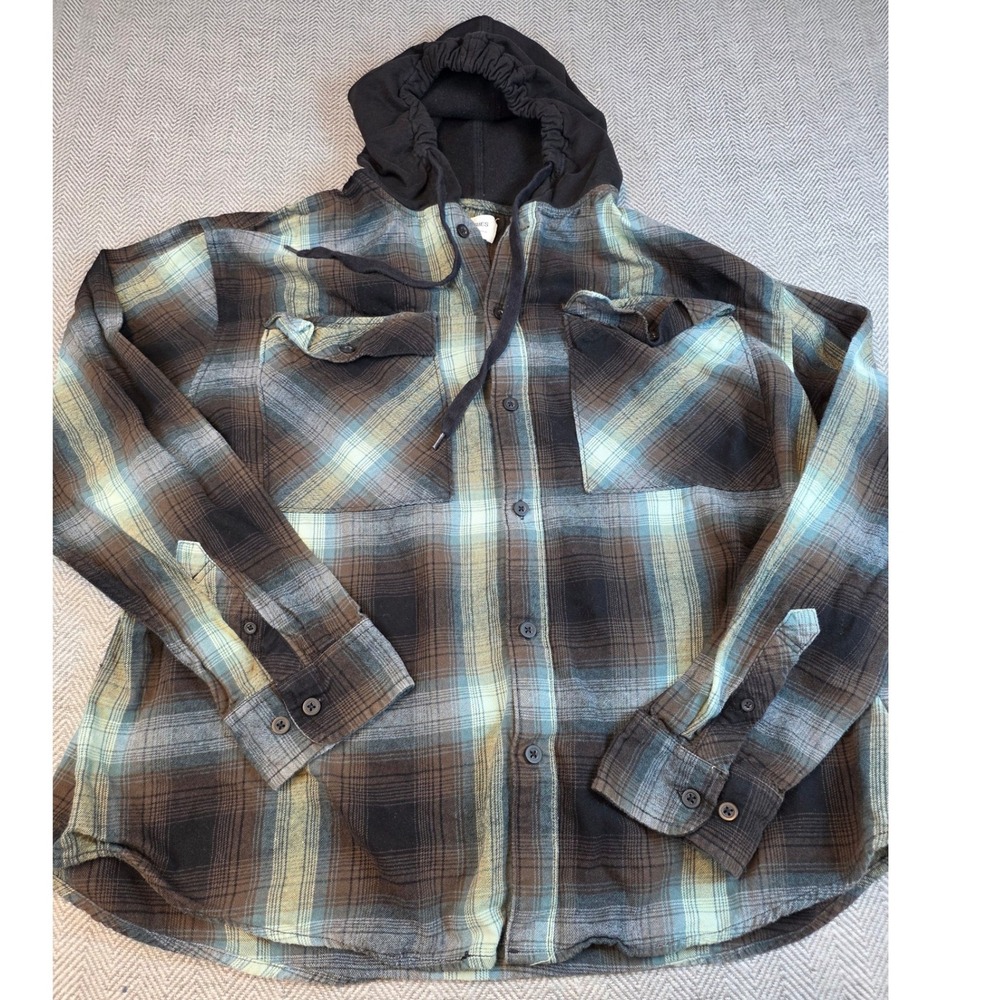 No Boundaries Mens 2XL Plaid Hooded Flannel Shirt Brown Teal Oversized Fit